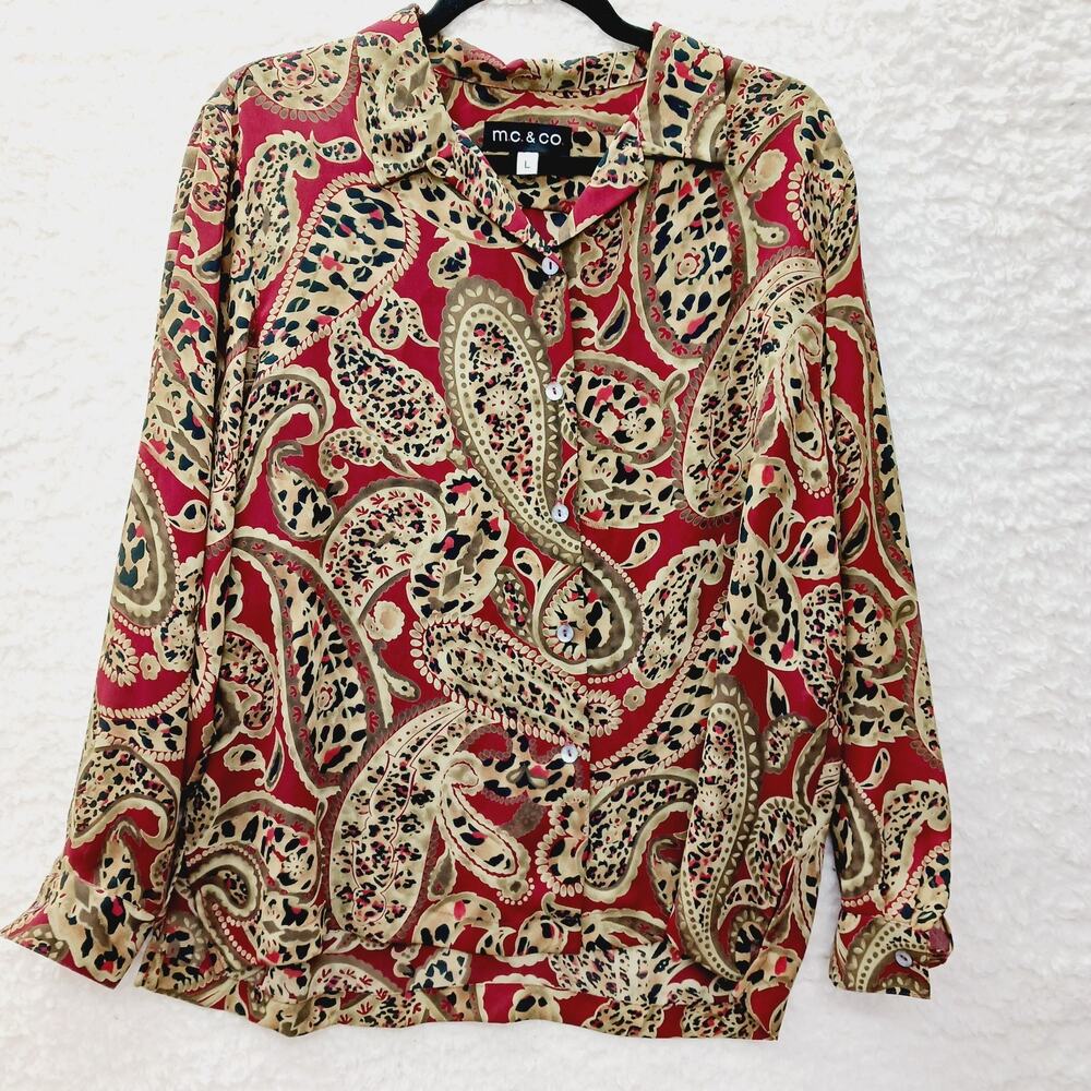 Blouse Button Up Paisley Boho MOP Buttons Heritage Dark Academia Classic Size L
